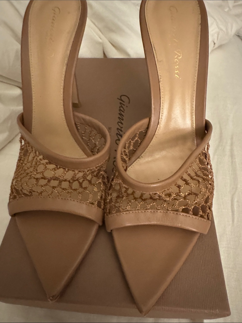 Gianvito Rossi Nude Tan Crochet Pointed Mule Heels